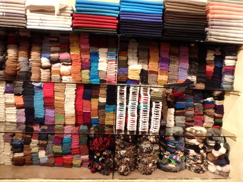 Colorful selections of cloth work (for sale).